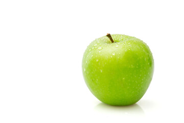 Isolated green apple on white, wet single apple clipping path.