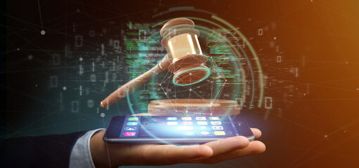 Businessman holding a Justice hammer and data - 3d rendering