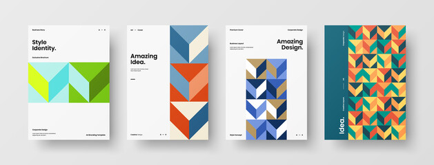 Obraz premium Company identity brochure template collection. Business presentation vector A4 vertical orientation front page mock up set. Corporate report cover abstract geometric illustration design layout bundle.