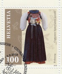 Historical women's costume from Fribourg, stamp Switzerland 2019