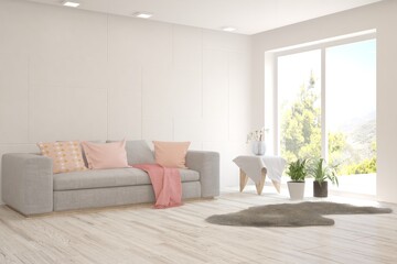 White living room with sofa. Scandinavian interior design. 3D illustration