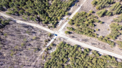 Aerial photography from a quadcopter, a car at the intersection of forest roads. Sunny day. spring