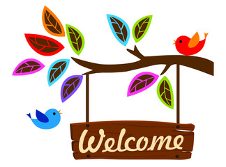 Vector illustration of colorful welcome tree branch and birds