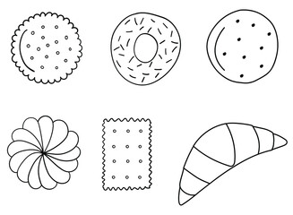 Cookies vector set icons on a white background. Hand drawn cookie flat contours. Vector stock image