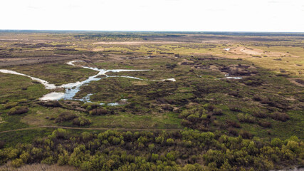 View from the drone on the swampy area near the river Styr, in the background the horizon line. Sunny spring day. Ukraine, Europe