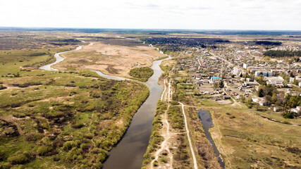 Aerial view of the river Styr, a village in Ukraine. Spring, nature