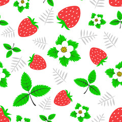 Seamless pattern with berries, flowers and strawberry leaves on white isolated . Vector illustration