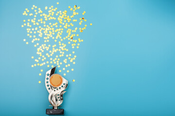 Gold trophy Cup with stars Celebrating success on a blue background.