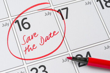 Save the Date written on a calendar - July 16