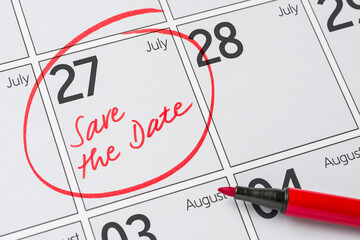 Save the Date written on a calendar - July 27
