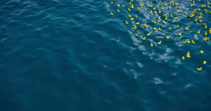 Thousands of rubber ducks in the ocean, 3D animation