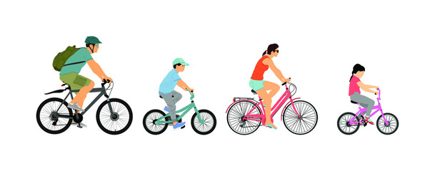 Happy family riding bicycle together, vector illustration. Little boy and girl riding bicycle with parents. Mother and father with kids outdoor enjoying in bike driving. Biker family. Electric bike.