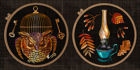 Kerosine lamp, magic owl, golden cage, vintage keys and autumn leaves. Fairy tale. Embroidery collection. Fashion template tambour frame with a canvas, elements from stitches. Art for clothes, textile