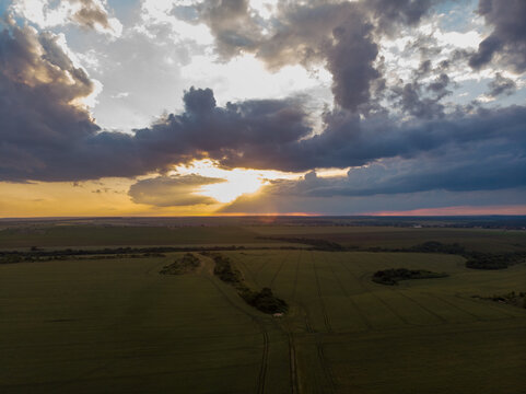 Drone View of Landscape at Sunset Time
