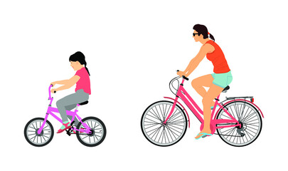Happy family riding bicycle together, vector illustration. Little girl riding bicycle with mother. Mom with daughter outdoor enjoying in bike driving. Biker family. Electric bike.