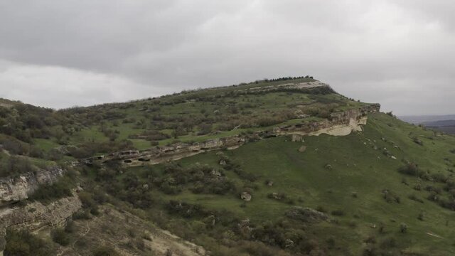 Cave city Bakla, near the city of Bakhchysarai, Crimea. Aerial footage 4k