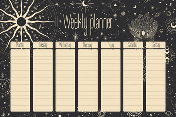 Monthly and weekly planner. magical image of cosmic bodies, stars, constellations, the sun and the moon. Retro vintage vintage style engraving. astrology and horoscope. Vector graphics