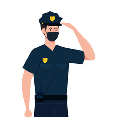 policeman using face mask during covid 19 on white background vector illustration design
