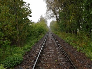 Fototapeta premium sleepers rails railroad linear perspectives bottom view stones rubble trees