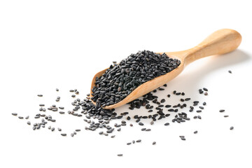 Black sesame seeds on wood spoon isolated on white background.