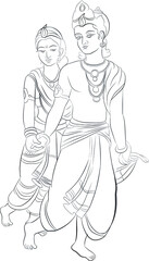 Outline sketch of indian wedding in traditional costume.