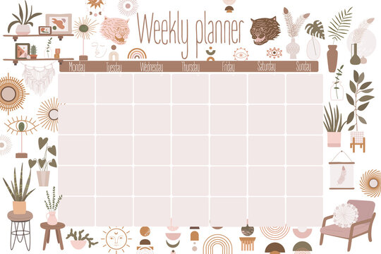 Objects for a cozy sweet home. home flowers and plants. minimalism, primitivism, abstraction. vector graphics, print, trend, Weekly glider, monthly. planning events, goals and objectives. print