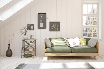 White living room with sofa. Scandinavian interior design. 3D illustration