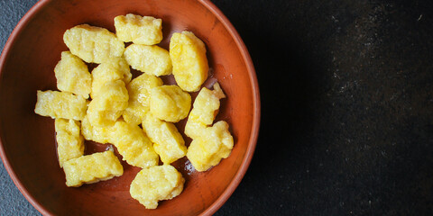 gnocchi Menu concept serving size. food background top view copy space for text