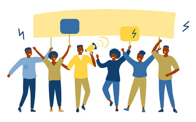 Fototapeta premium Protest of black group of people against. African-American active men and women fight for their rights. Protesting people with slogans and signs, protection of rights. Vector illustration