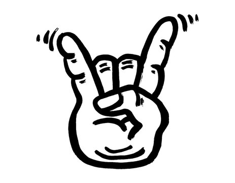 Goat rock symbol, hand gesture. Cool, party, respect, communication Rock and Roll icon. Lineart doodle hand-drawn vector illustration. Waving fingers. Illustration for rock festival, badge, poster.
