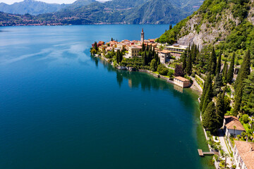 Aerial view of the village of Varenna and Villa Monastero on Lake Como, Italy