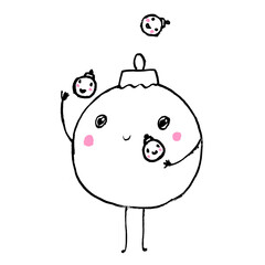 Merry Christmas ball toy juggles New Year's small toys. Cute cartoon funny kawaii character. Tree decoration. Greeting card. Isolated. Flat doodle hand-drawn grunge design Vector illustration