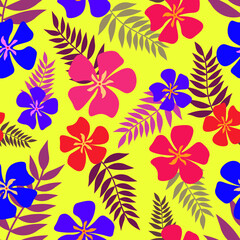 Vector seamless floral pattern with tropical flowers and leaves
