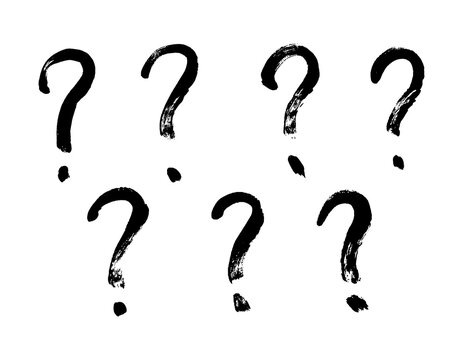 Brush stroke, hand drawn vector question marks. Grunge black and white set.