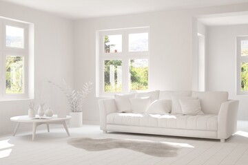 White minimalist living room with sofa. Scandinavian interior design. 3D illustration