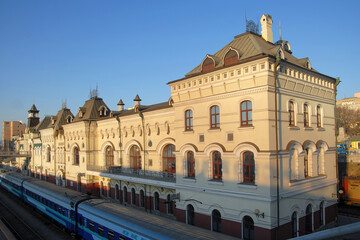 Obraz na płótnie Canvas Train station and “Ocean” train. Vladivostok, Primorsky Krai (Primorye), Far East, Russia.