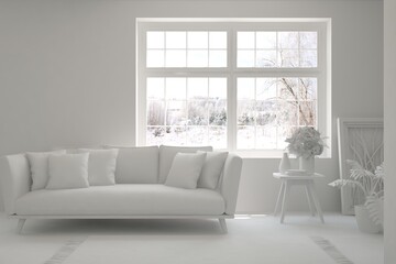 White living room with sofa and winter landscape in window. Scandinavian interior design. 3D illustration