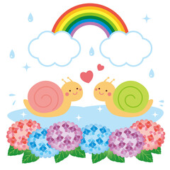 梅雨　カタツムリカップルと虹と紫陽花　イラスト