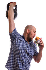 A bearded, fat man with a Burger and a weight in his hands. The concept of a healthy lifestyle