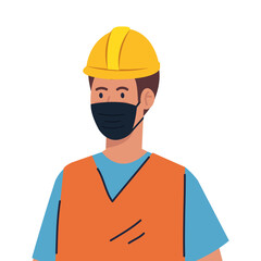 worker construction using face mask during covid 19 on white background vector illustration design