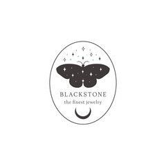 abstract hand drawn moon butterfly shape logo design with stars in geometric round oval frame. icon, vector illustration in trendy line linear art style. Branding