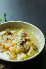 soup mushrooms and vegetables Menu concept serving size. food background top view copy space for text keto or paleo diet organic healthy eating