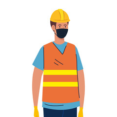 worker construction using face mask during covid 19 on white background vector illustration design
