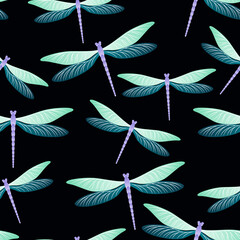 Dragonfly abstract seamless pattern. Spring clothes textile print with flying adder insects. Garden 