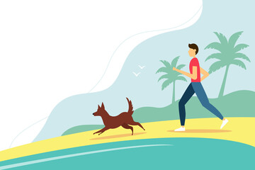 Man running with the dog on the beach. Summer vector illustration in flat style. 