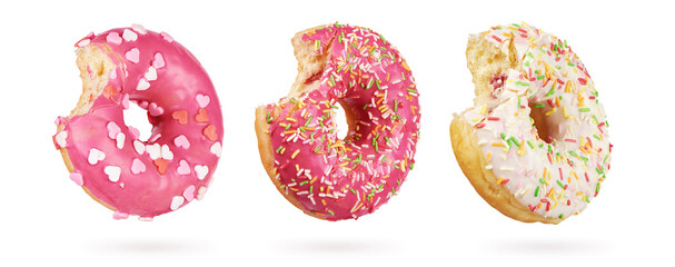 Bitten donuts set isolated on white background with clipping path