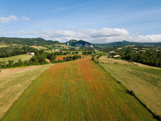 Countryside of Marecchia Valley and in foregrounf the old fortress of San Leo