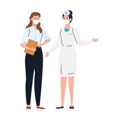 Fototapeta premium nurse with secretary worker using face mask during covid 19 on white background vector illustration design