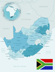 Fototapeta premium Blue-green detailed map of South Africa administrative divisions with country flag and location on the globe.