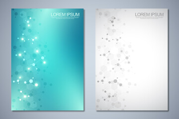 Fototapeta na wymiar Templates brochure or cover book, page layout, flyer design with abstract background of molecular structures and DNA strand. Concept and idea for innovation technology, medical research, science.